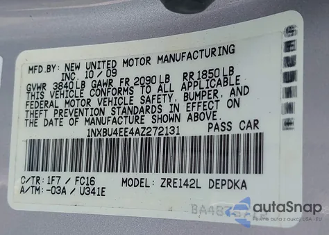 2010 Toyota Corolla Le из США, поврежденный, VIN 1NXBU4EE4AZ272131